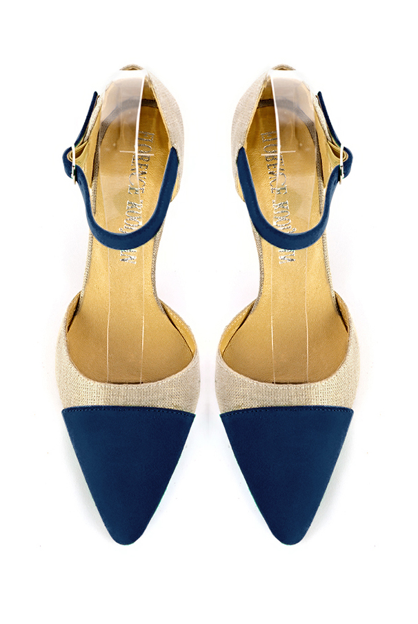 Women's navy blue and gold open side dress shoes, with an instep strap. Tapered toe. Medium comma heels - Top view